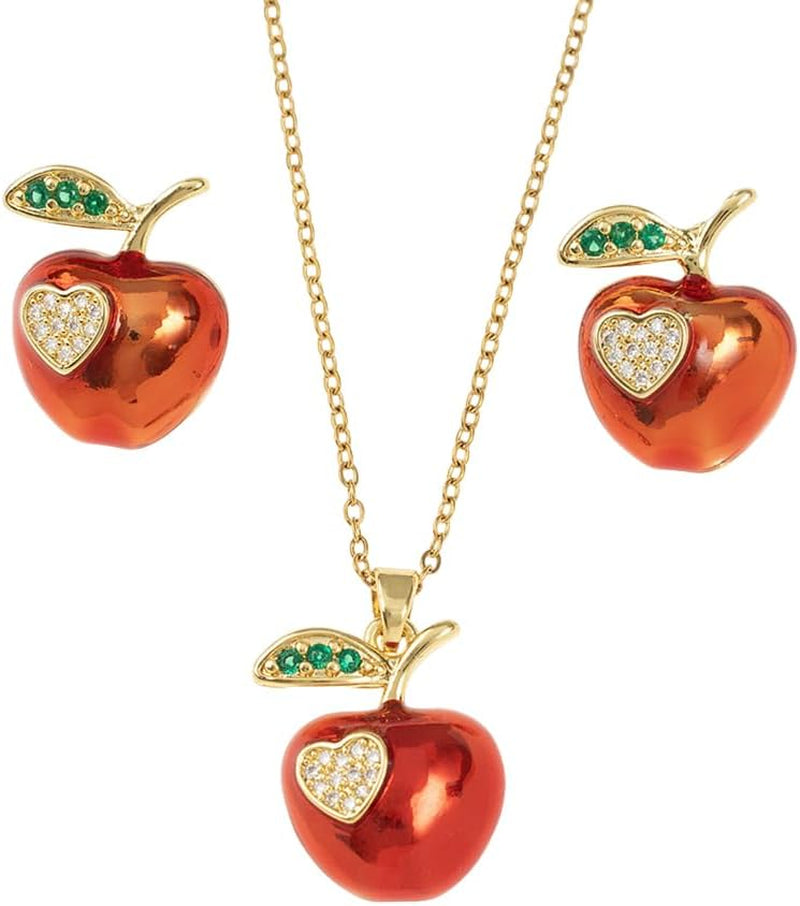 Red Apple Heart Necklace & Earrings Set Gold Plated Jewelry