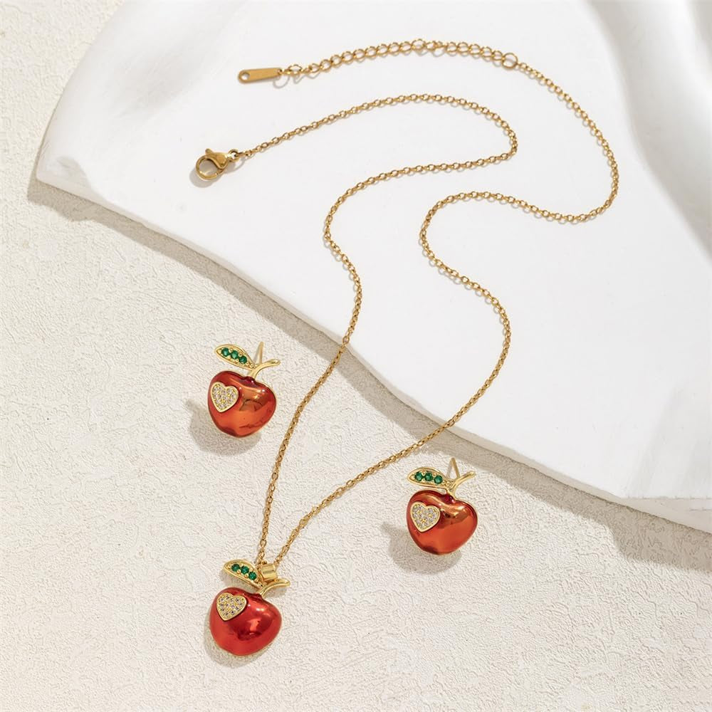Red Apple Heart Necklace & Earrings Set Gold Plated Jewelry