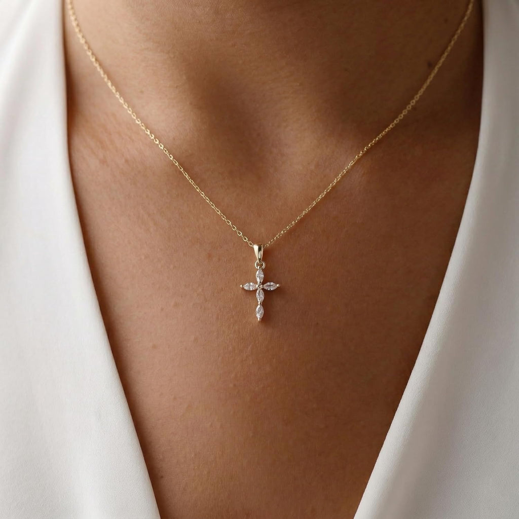 Gold-Tone Marquise Cubic Zirconia Cross Necklace