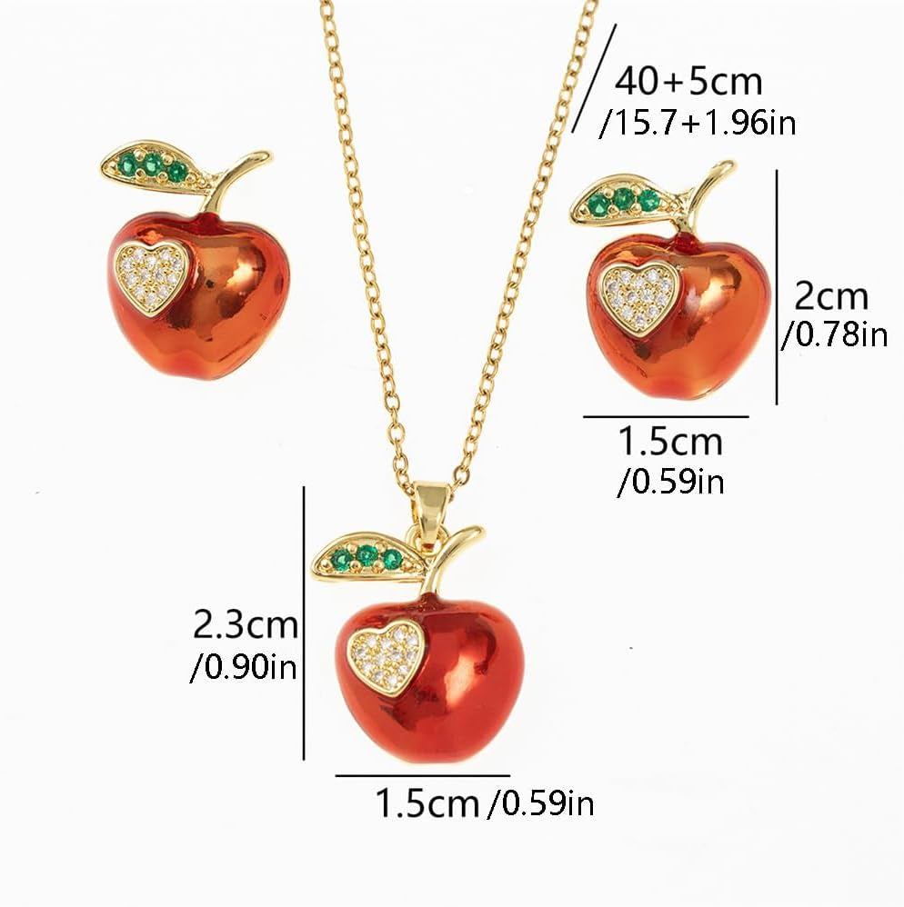 Red Apple Heart Necklace & Earrings Set Gold Plated Jewelry