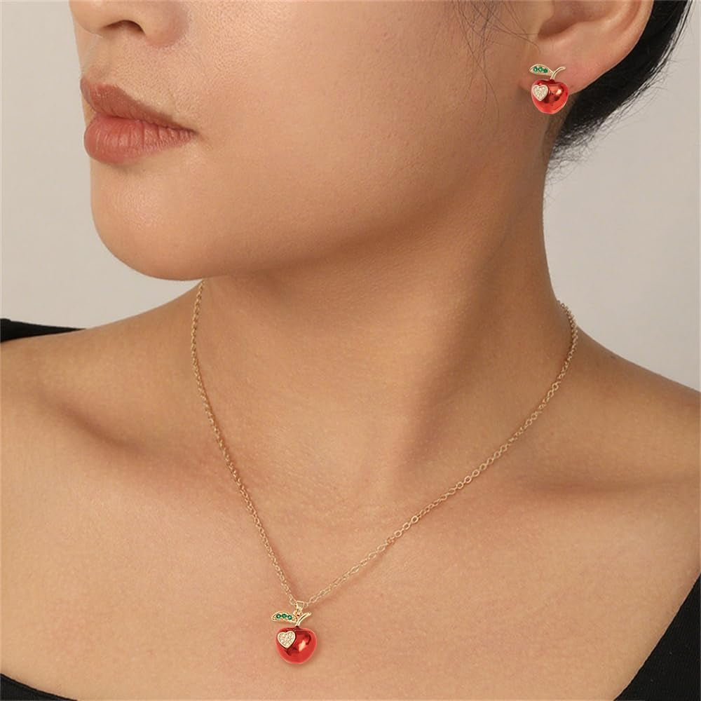 Red Apple Heart Necklace & Earrings Set Gold Plated Jewelry