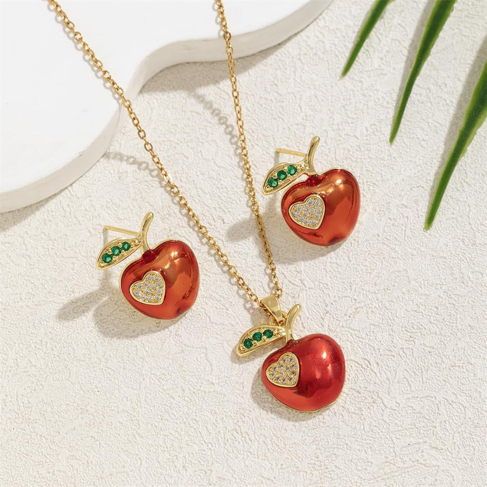 Red Apple Heart Necklace & Earrings Set Gold Plated Jewelry